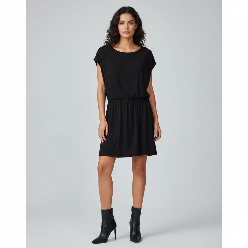Oak + Fort rayon black dress cap sleeve size XS rounded hem normcore